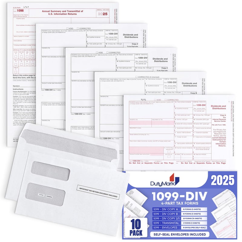 Dutymark 1099 DIV Income Tax Forms 2025 Set and 1096 - Kit for 10 Vendors 4-Part, Complete Laser Forms with Self-Seal Envelopes in Value Pack | 1099-DIV Income 2025 - Image 1